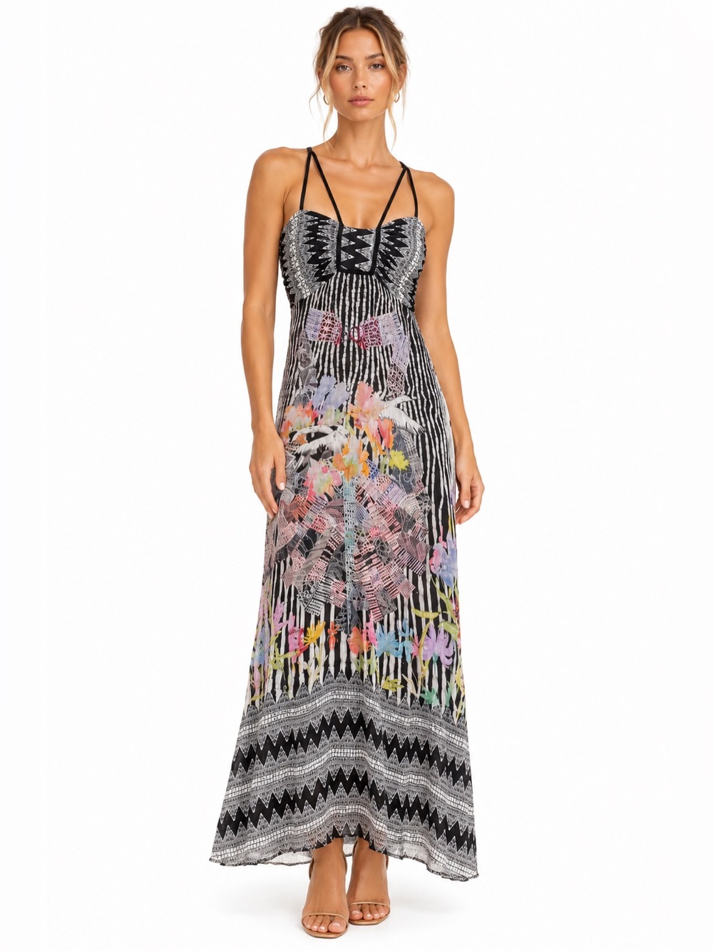Save The Queen Italy Silk Abstract Floral Print Strappy Maxi Dress